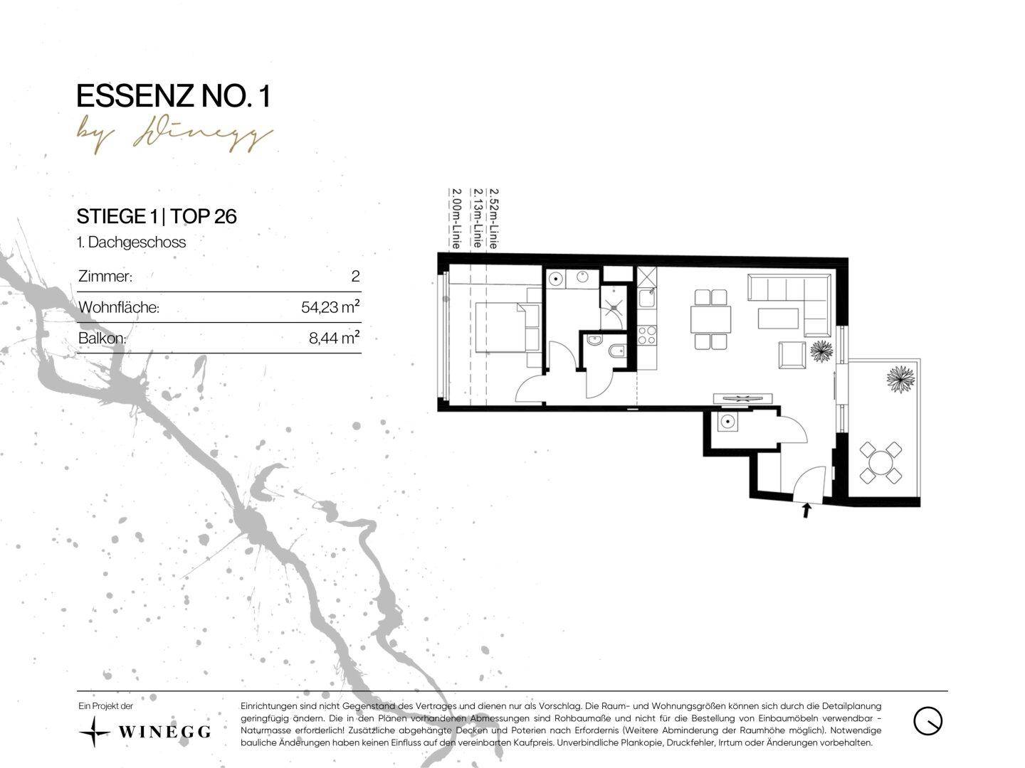 Grundriss einer Dachgeschosswohnung mit zwei Zimmern, 54,23 m² Wohnfläche und einem 8,44 m² großen Balkon.