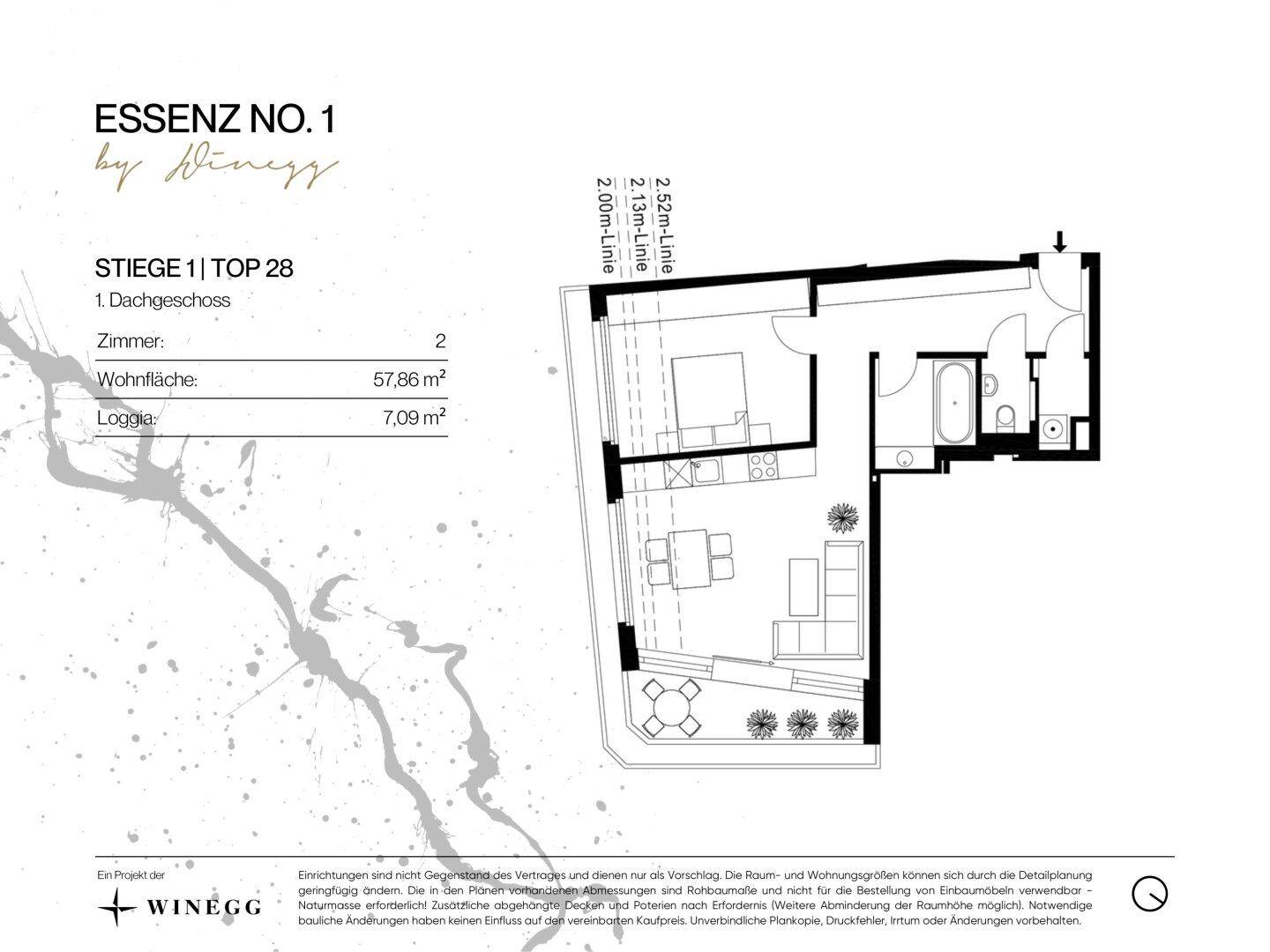 Grundriss der Dachgeschosswohnung Top 28 mit 57,86 m² Wohnfläche und 7,09 m² Loggia.