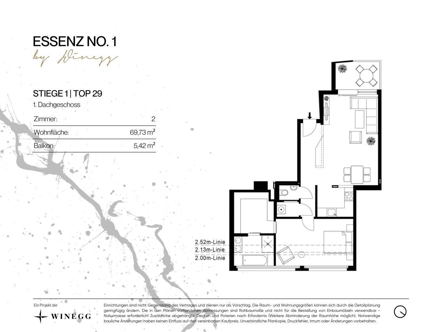 Grundriss der Wohnung "Top 29" im Dachgeschoss mit 69,73 m² Wohnfläche und Balkon.
