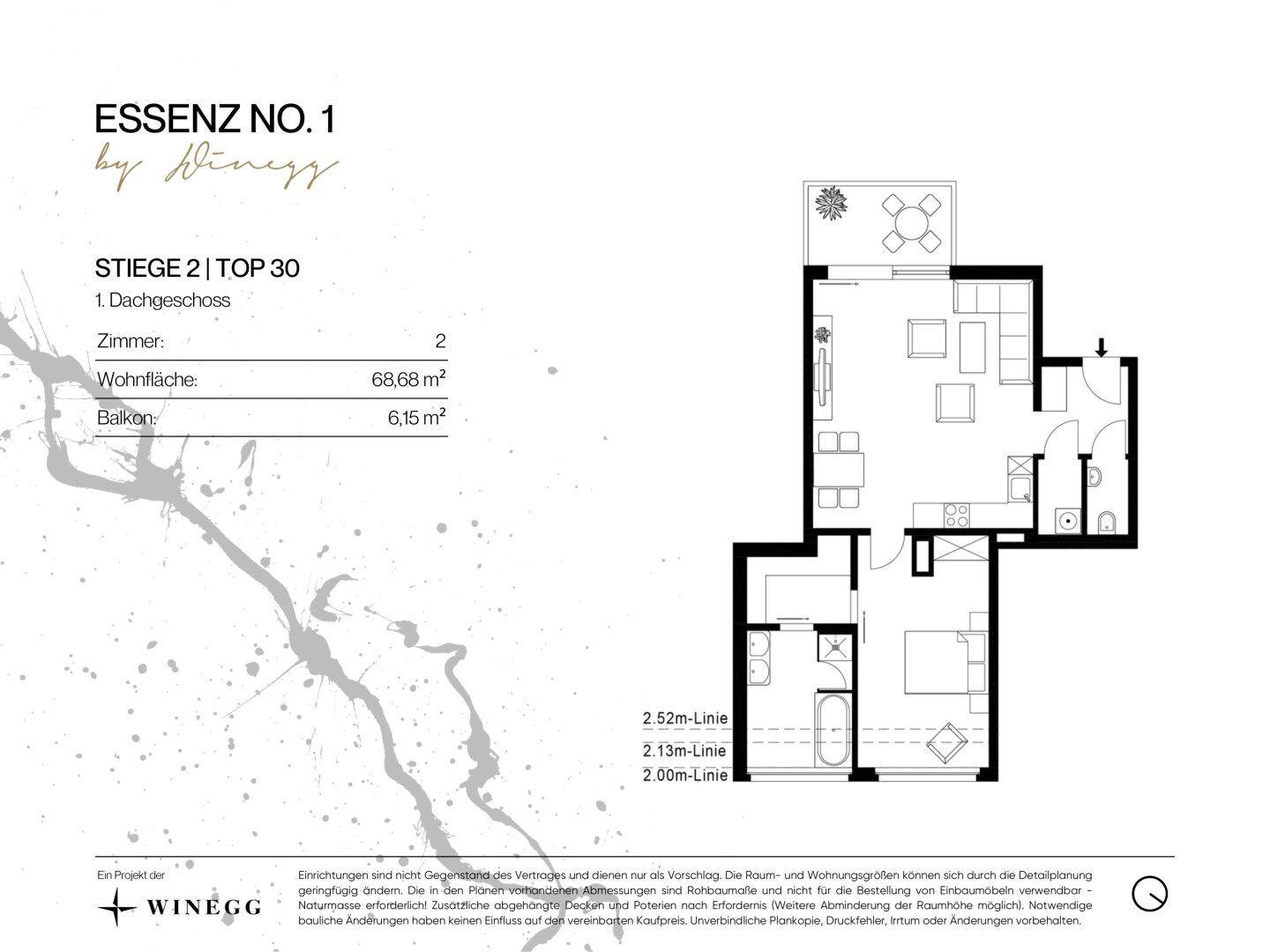 Grundriss einer Dachgeschosswohnung mit zwei Zimmern und Balkon, Gesamtfläche 68,68 m².