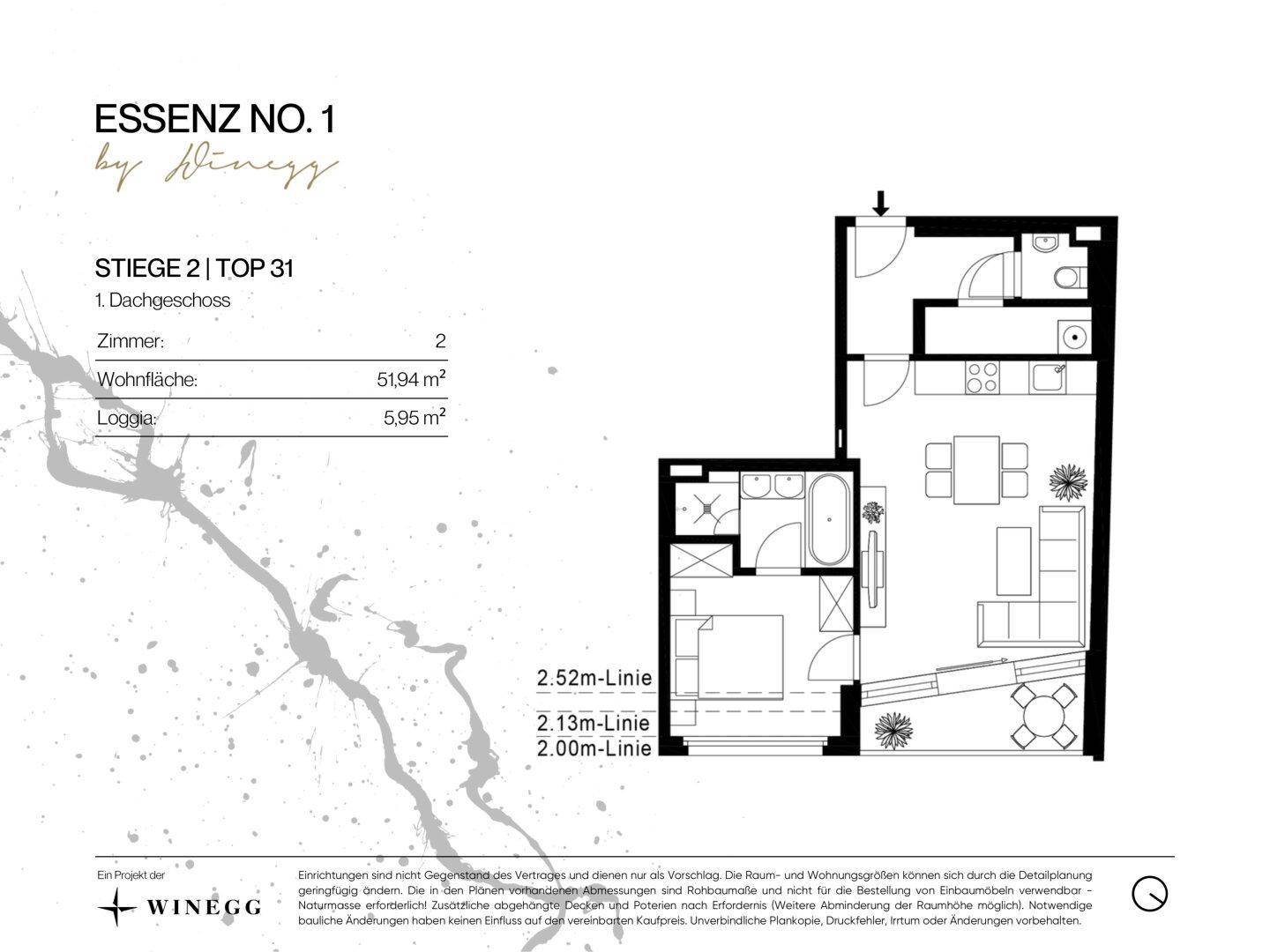 Grundriss einer Dachgeschosswohnung mit zwei Zimmern und Loggia.