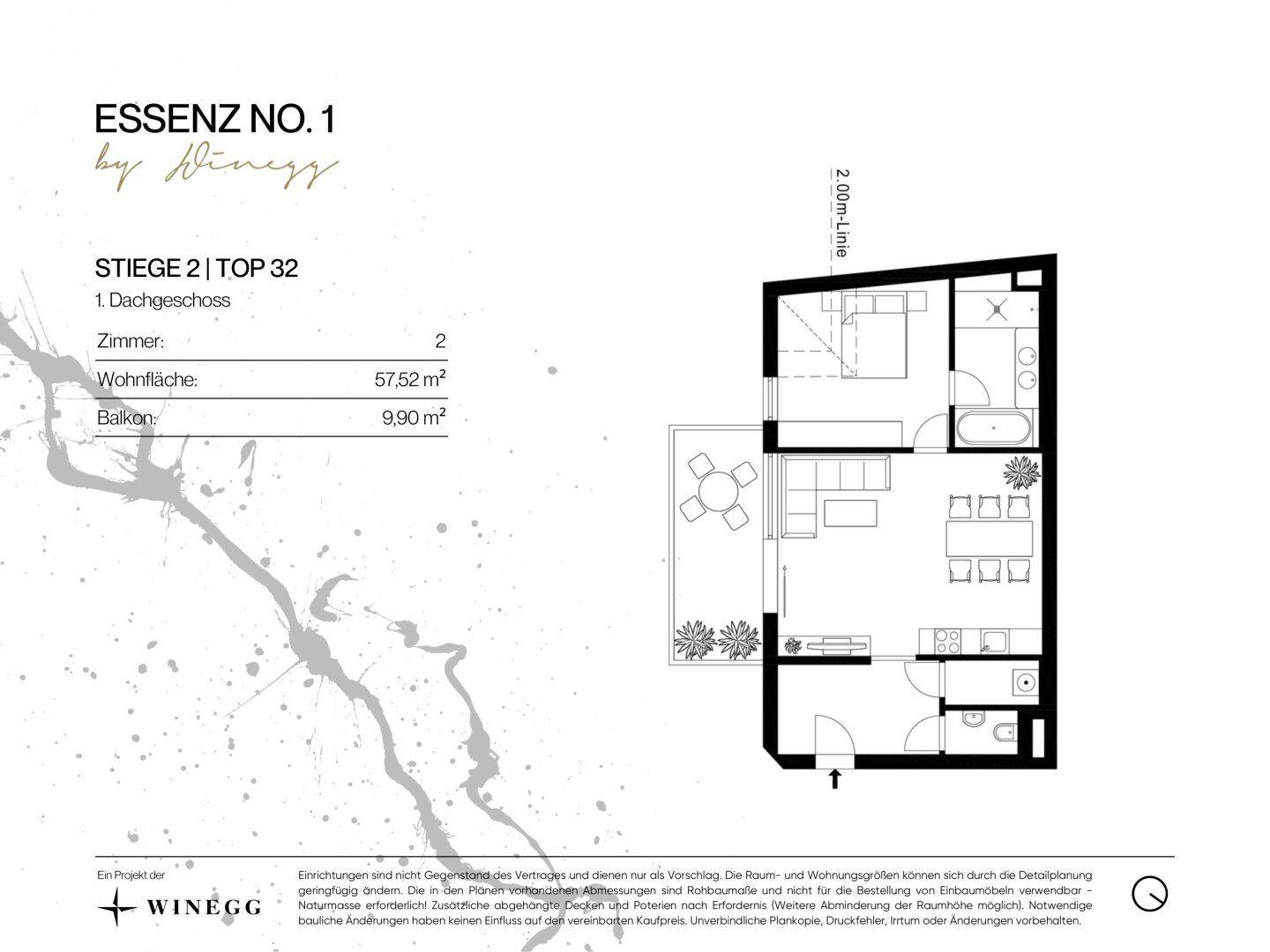 Grundriss einer Zweizimmerwohnung im Dachgeschoss mit Balkon und 57,52 m² Wohnfläche.