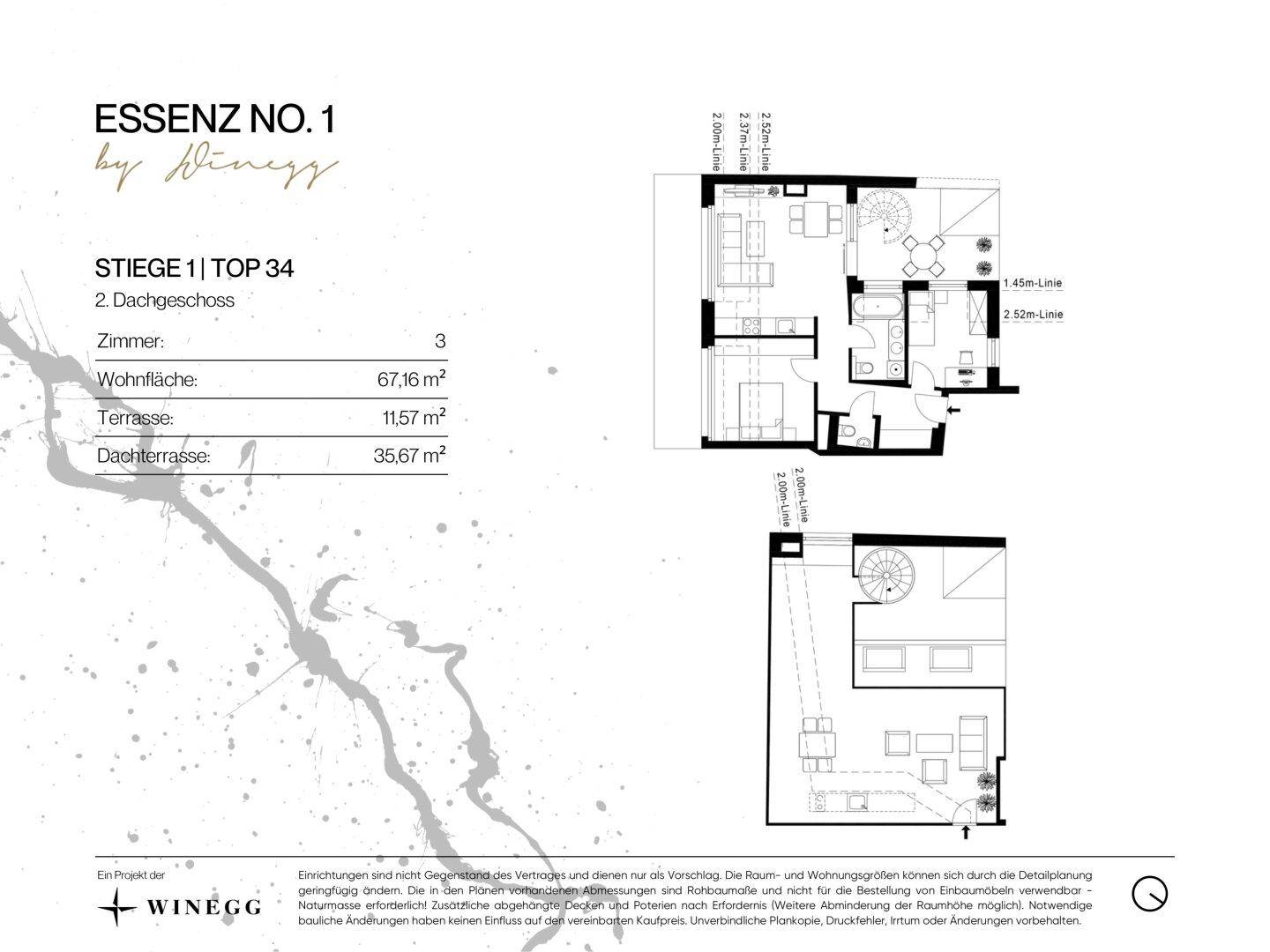 Grundriss der Dachgeschosswohnung mit drei Zimmern, Terrasse und Dachterrasse.