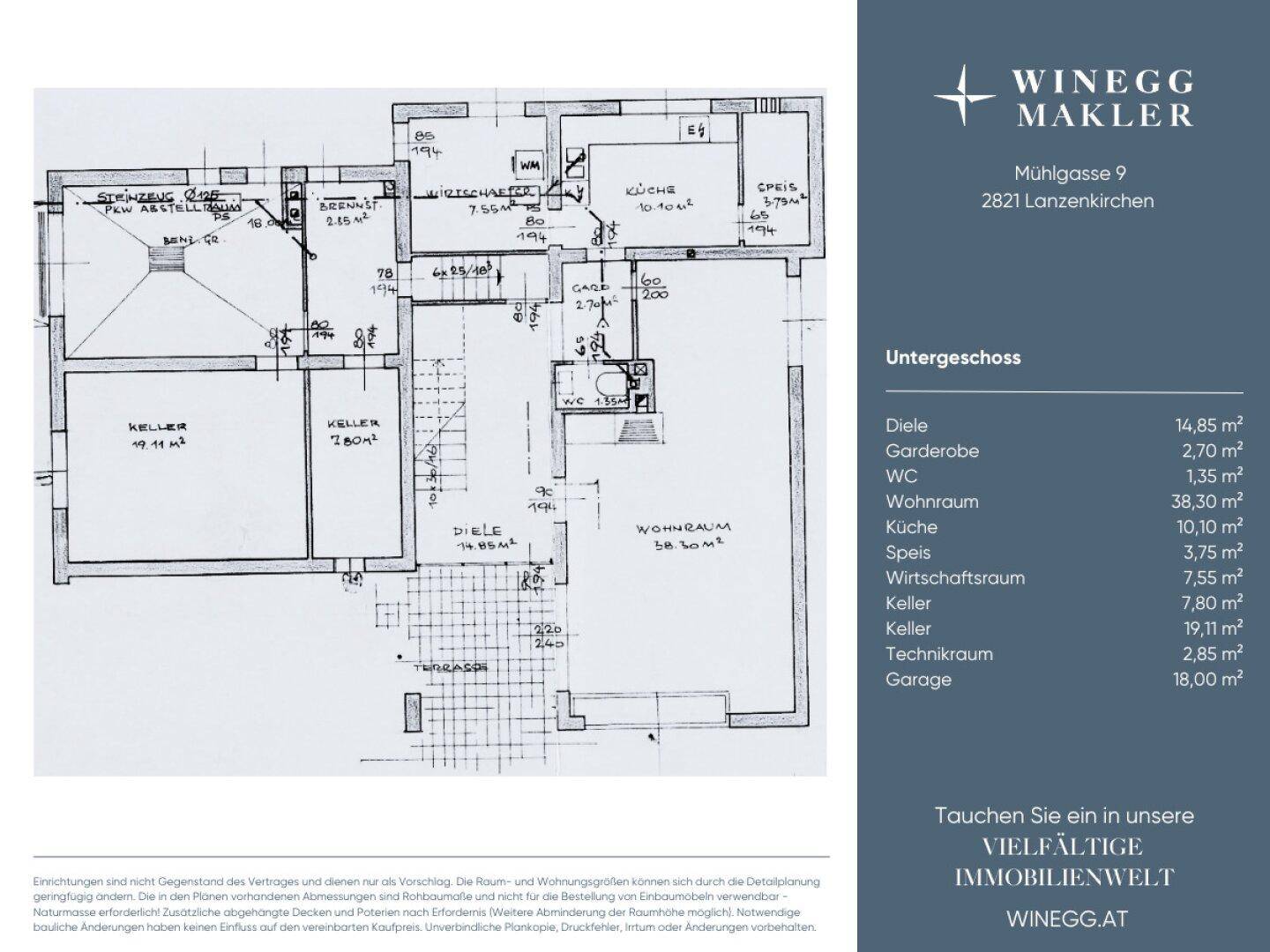 Grundriss des Untergeschosses mit Wohnraum, Küche, Keller und Garage.