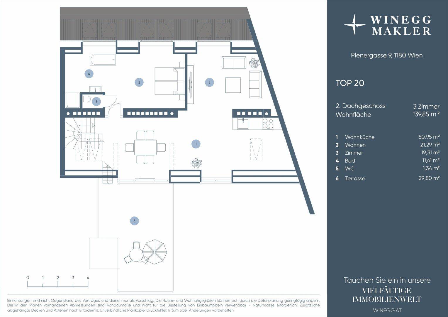 Grundriss des zweiten Dachgeschosses mit offener Wohnküche, Wohnbereich, Zimmer und großer Terrasse.