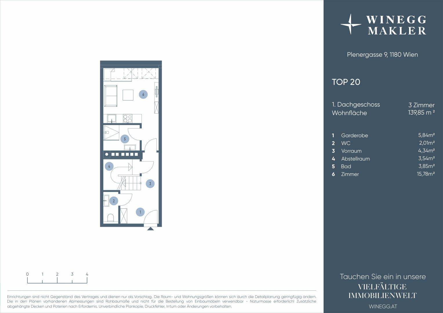 Grundriss des ersten Dachgeschosses mit Garderobe, WC, Bad und einem Zimmer.