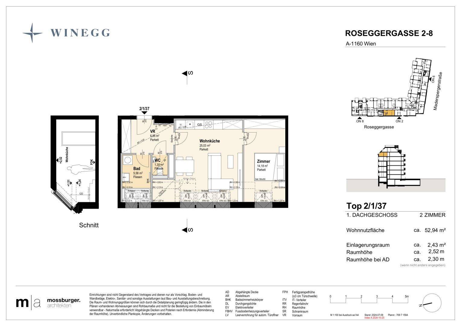 Grundriss einer 2-Zimmer-Dachgeschosswohnung mit offener Wohnküche, separatem Schlafzimmer und Bad mit Dusche.