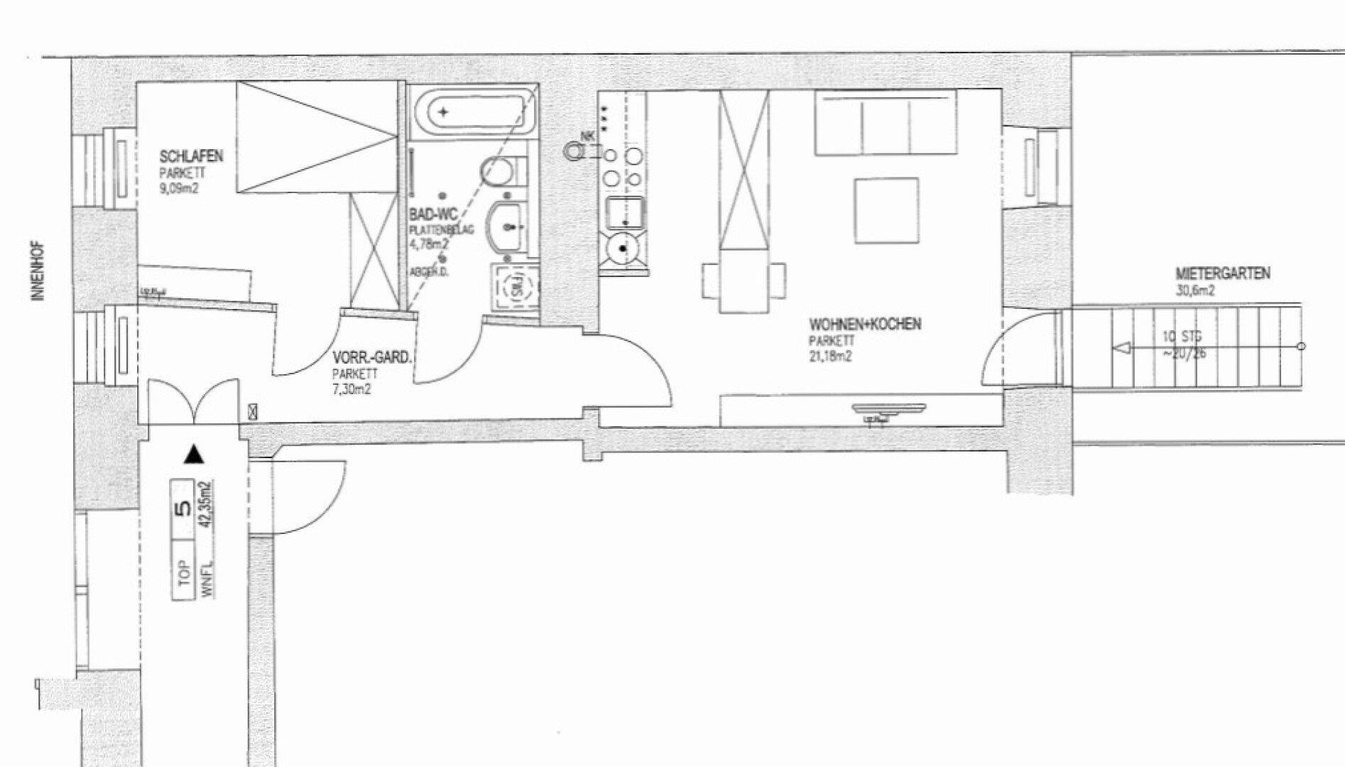 Grundriss einer Wohnung mit Schlafzimmer, Bad, Wohnküche und Mietergarten.