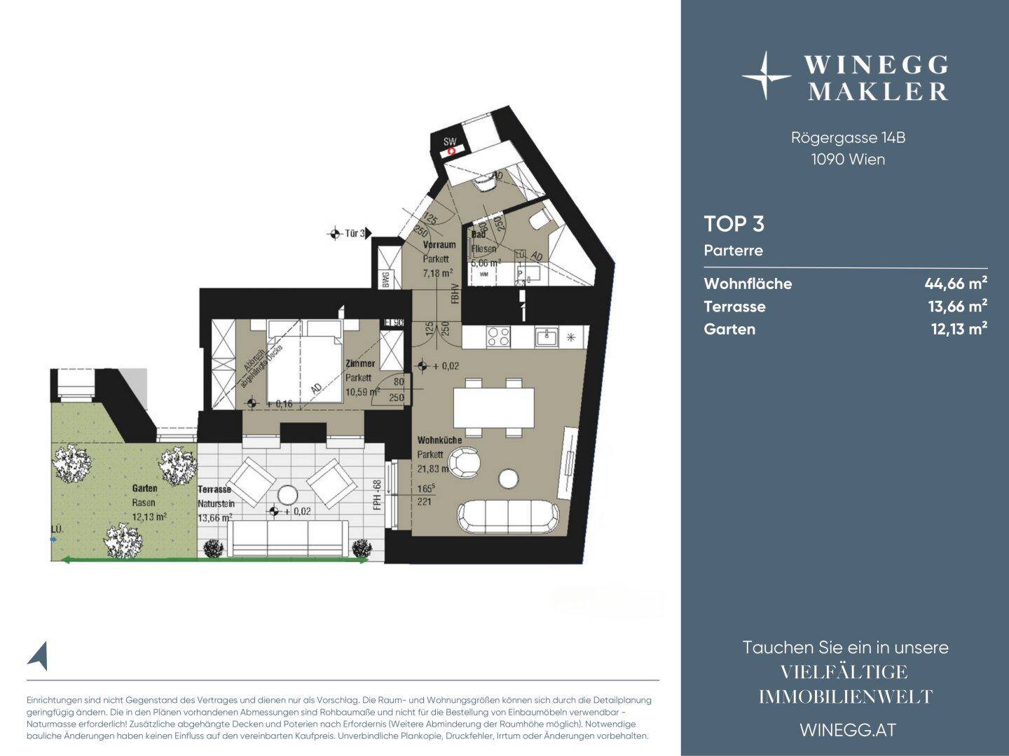 Detaillierter Grundriss von Top 3 mit Wohnfläche, Terrasse und Garten, inklusive Maßangaben.