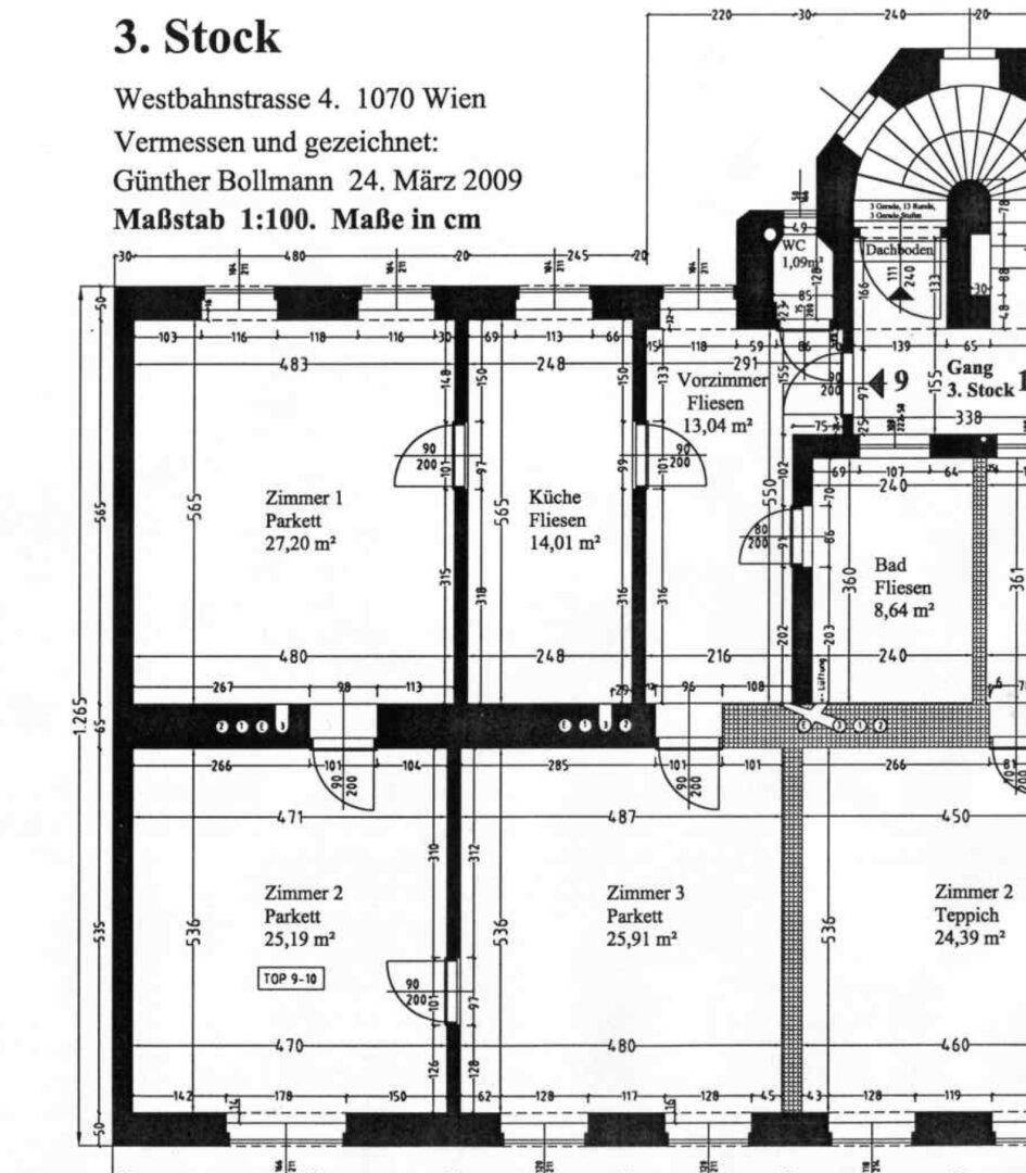 Grundriss des 3. Stocks mit drei Zimmern, Küche, Bad und WC, inklusive Flächenangaben.