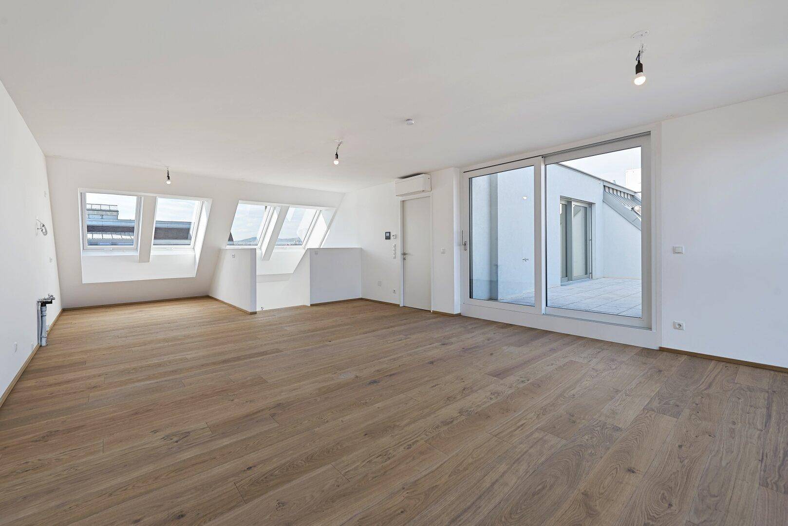 Heller Wohnbereich mit Holzboden, Dachfenstern und Schiebetür zur großzügigen Außenterrasse.