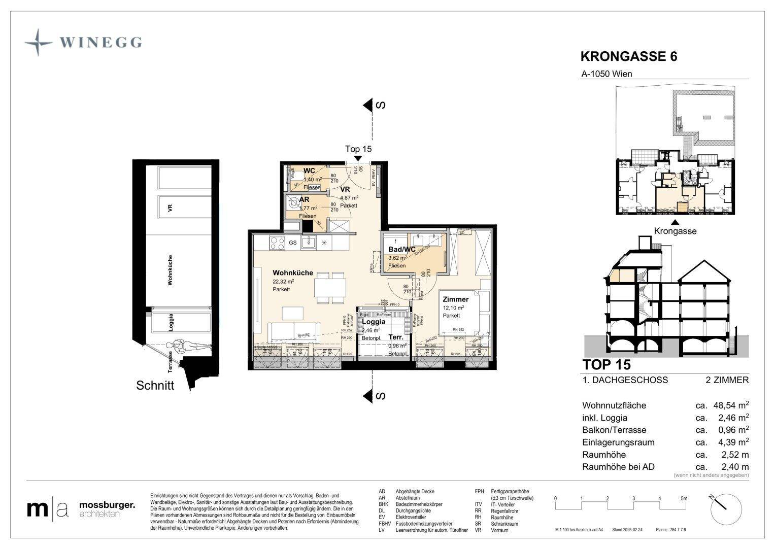 Detaillierter Grundriss der Dachgeschosswohnung mit Loggia, zwei Zimmern und separatem WC.