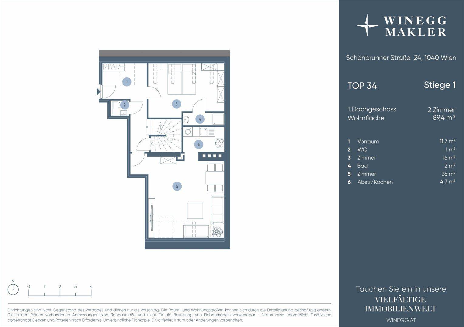 Grundriss des ersten Dachgeschosses mit zwei Zimmern, Bad und WC, Gesamtfläche 89,4 m².