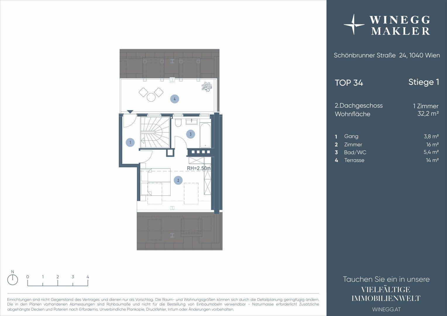 Grundriss des zweiten Dachgeschosses mit einem Zimmer, Bad/WC und einer Terrasse, Gesamtfläche 32,2 m².