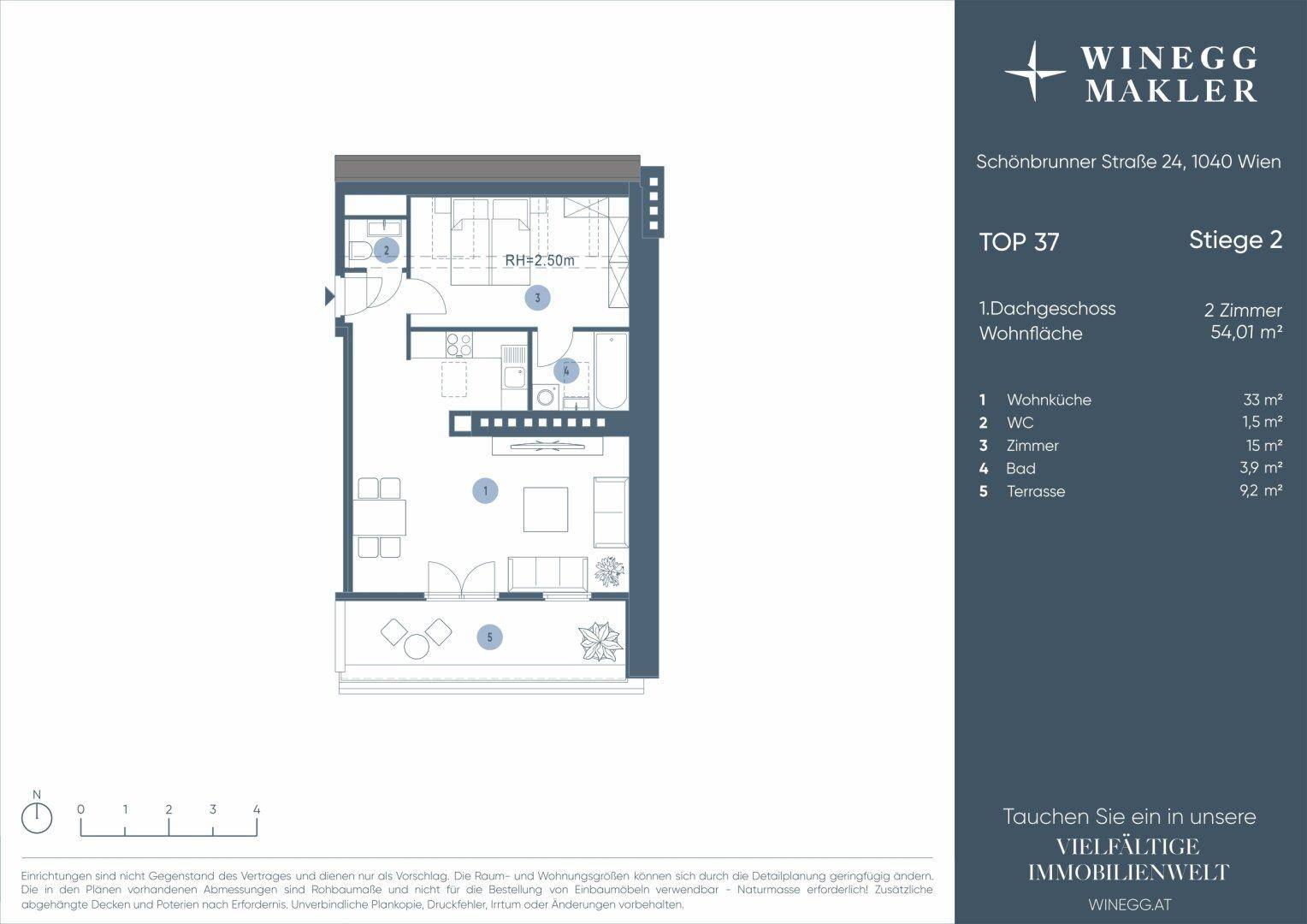 Grundriss der Wohnung TOP 37 mit 54,01 m² Wohnfläche und Terrasse.