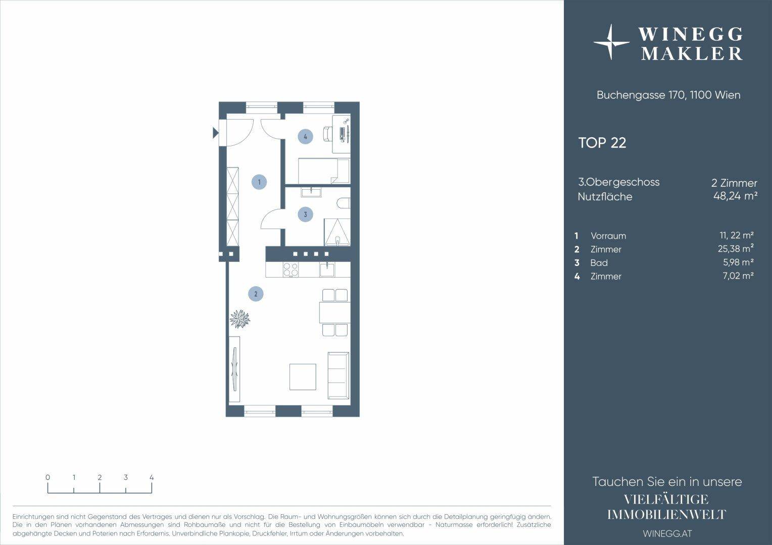 Detaillierter Grundriss der Wohnung Top 22 mit Raumaufteilung und Flächenangaben.