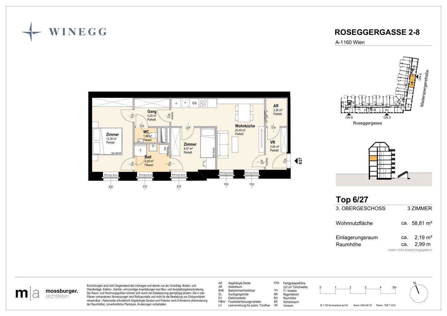 Grundriss einer 3-Zimmer-Wohnung im 3. Obergeschoss mit offener Wohnküche und separatem WC.