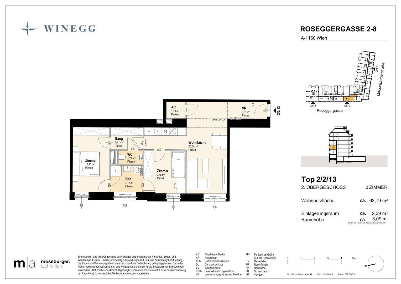 Grundriss einer 3-Zimmer-Wohnung mit offener Wohnküche, separatem WC und Abstellraum.