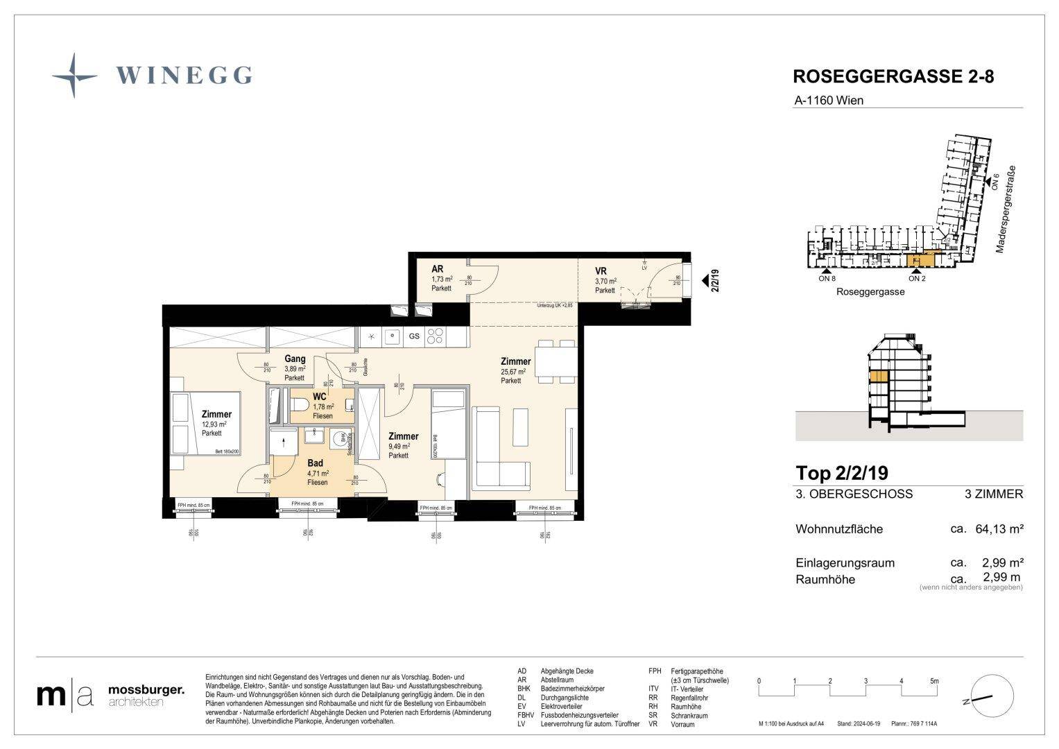 Grundriss einer 3-Zimmer-Wohnung im 3. Obergeschoss mit separatem WC und offenem Wohnbereich.