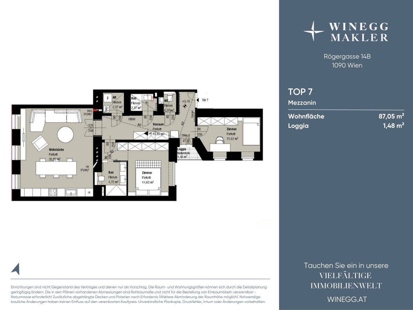 Detaillierter Grundriss der Wohnung TOP 7 mit Wohnfläche und Loggia, inklusive Raumaufteilung.