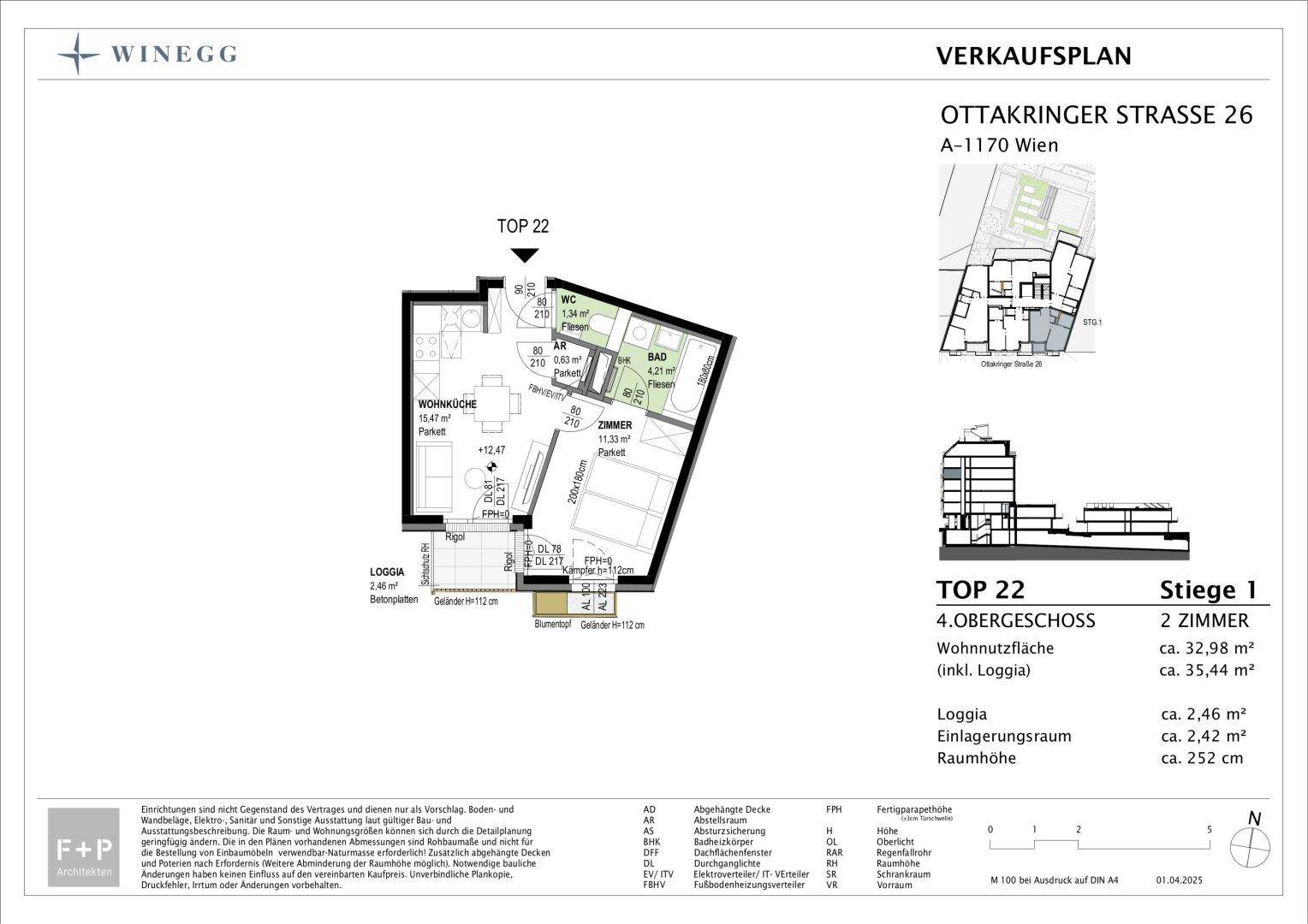 Grundriss der Wohnung Top 22 im 4. Obergeschoss mit Loggia und zwei Zimmern.