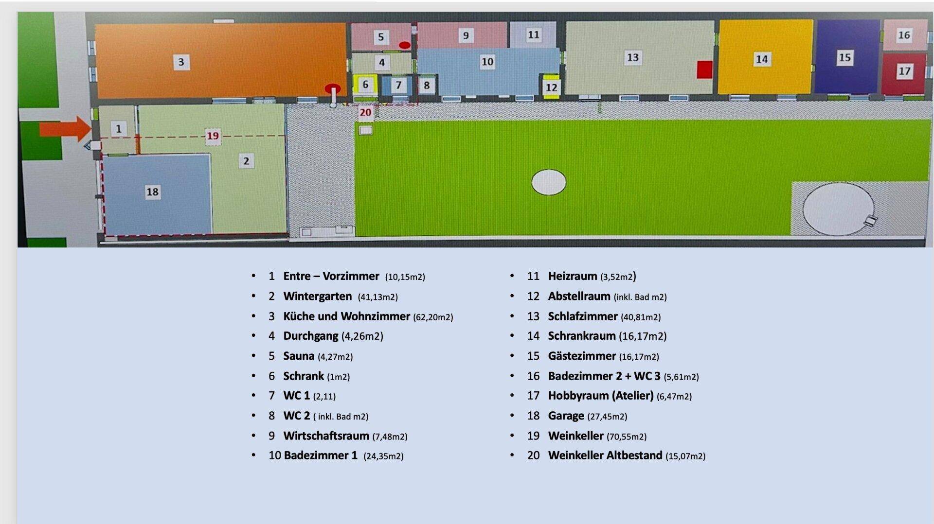 Detaillierter Grundriss des Erdgeschosses mit verschiedenen Räumen und Flächenangaben.