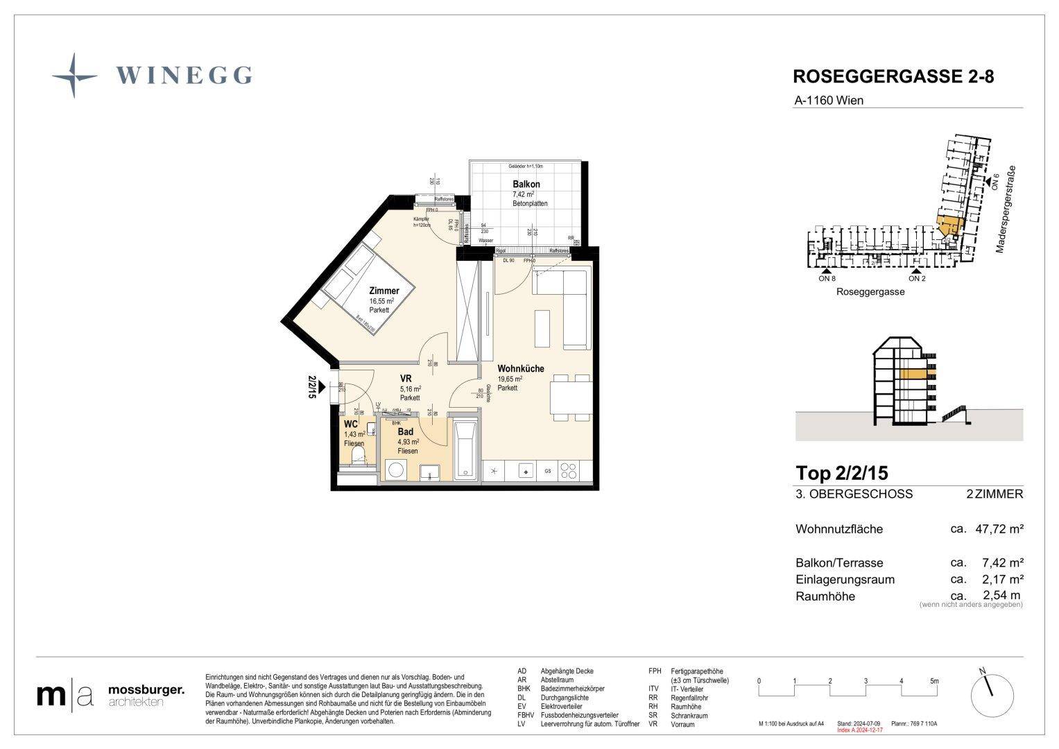 Detaillierter Grundriss einer 2-Zimmer-Wohnung mit Balkon, separatem WC und integrierter Wohnküche.