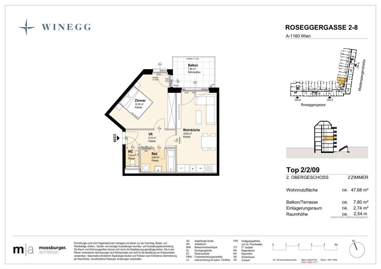 Grundriss einer 2-Zimmer-Wohnung mit offener Wohnküche, Schlafzimmer, Bad, separatem WC und Balkon.