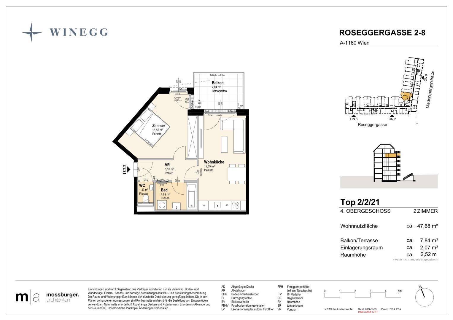 Grundriss einer 2-Zimmer-Wohnung im 4. Obergeschoss mit offener Wohnküche und Balkon.