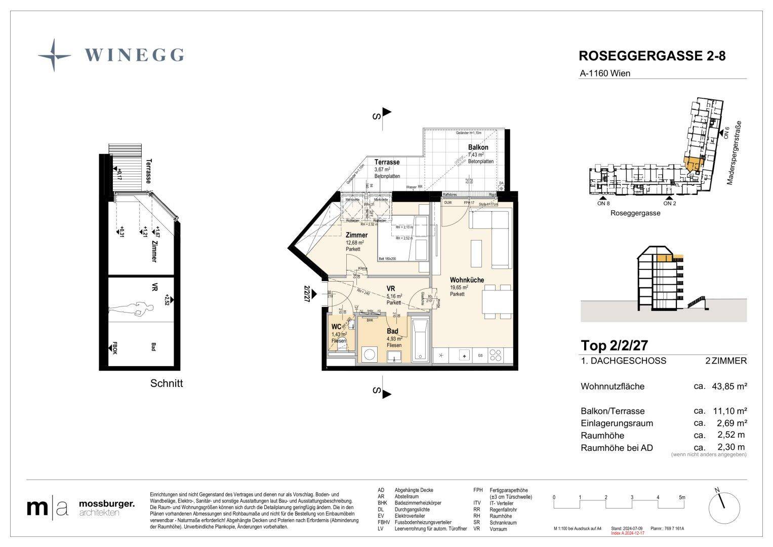 Detaillierter Grundriss einer Dachgeschosswohnung mit offener Wohnküche, Schlafzimmer, Bad, separatem WC, Balkon und Terrasse.