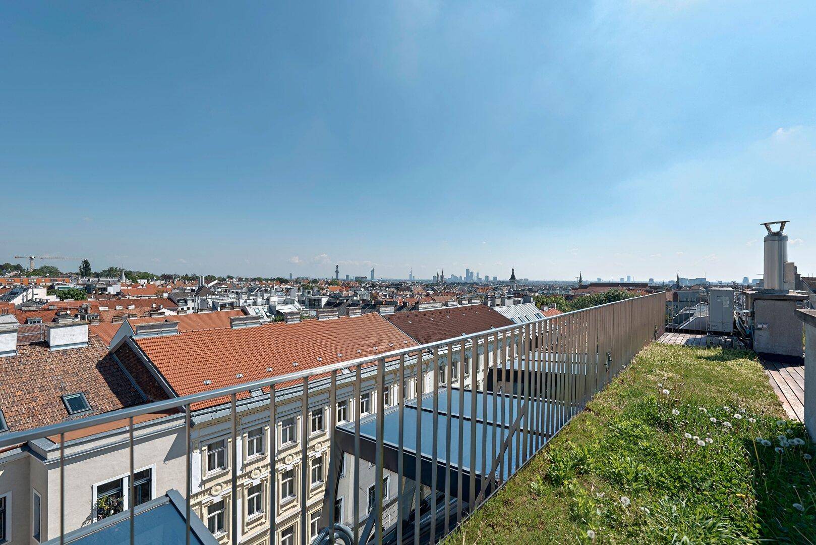 Panoramablick über die Dächer der Stadt von einer begrünten Dachfläche mit Metallgeländer.