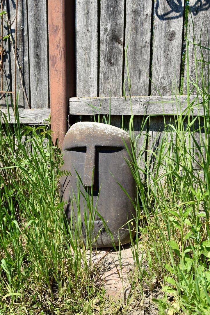 Dekorative Steinskulptur im Garten, umgeben von hohem Gras und einer Holzwand.