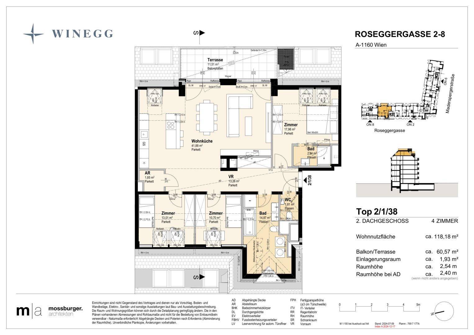 Detaillierter Grundriss einer 4-Zimmer-Wohnung im 2. Dachgeschoss mit Wohnküche und Terrasse.