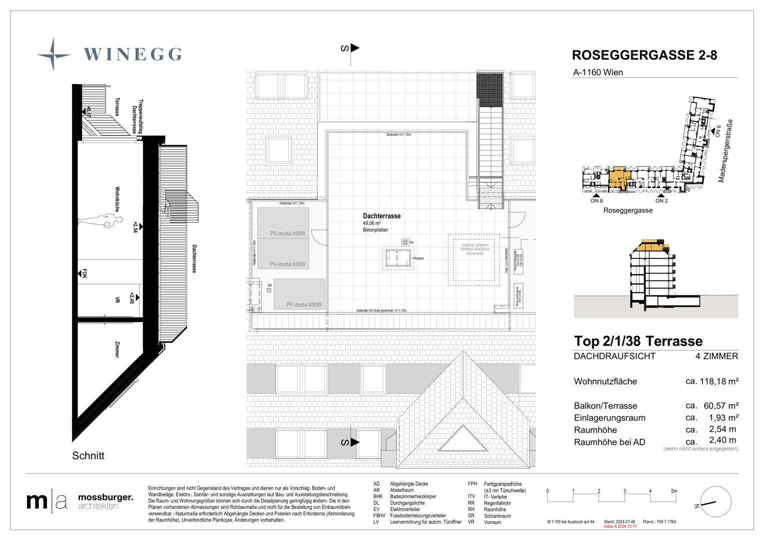 Grundriss der Dachaufsicht einer 4-Zimmer-Wohnung mit großer Dachterrasse und PV-Modulen.