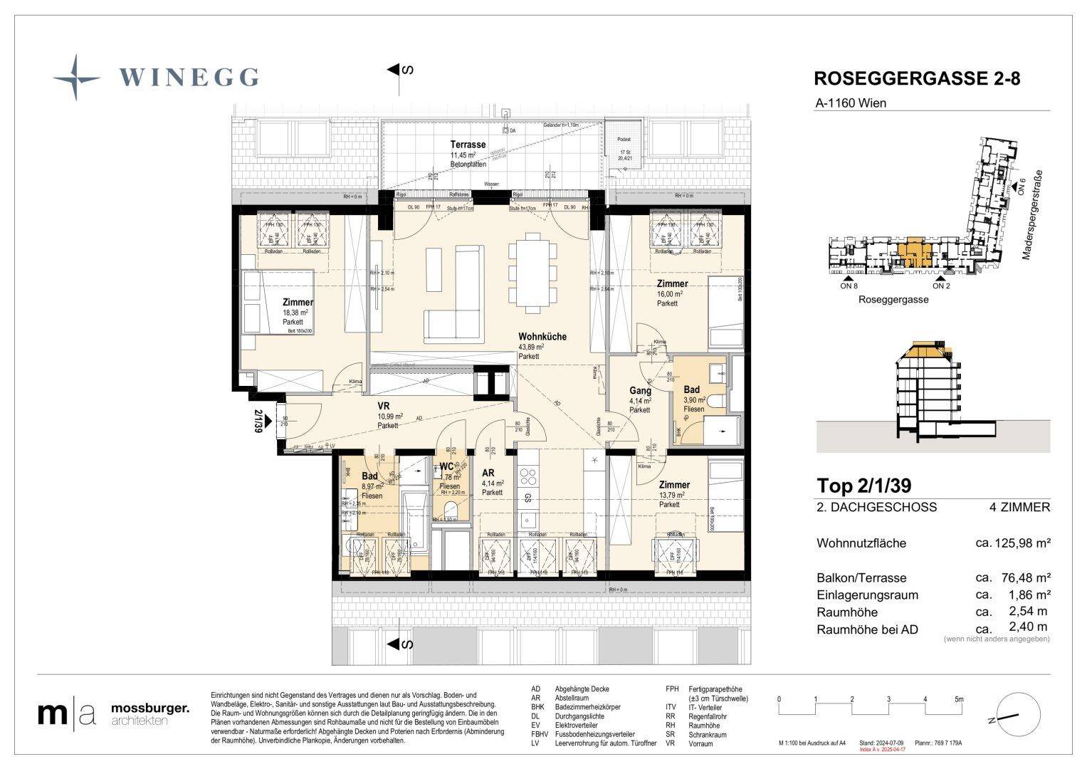 Grundriss des 2. Dachgeschosses mit vier Zimmern, Terrasse und Wohnküche.
