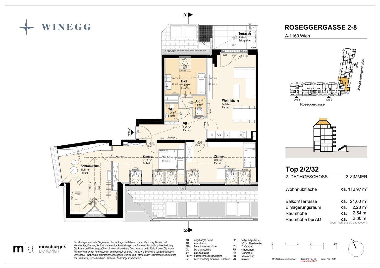 Grundriss des 2. Dachgeschosses mit drei Zimmern, offenem Wohnbereich und Terrasse.