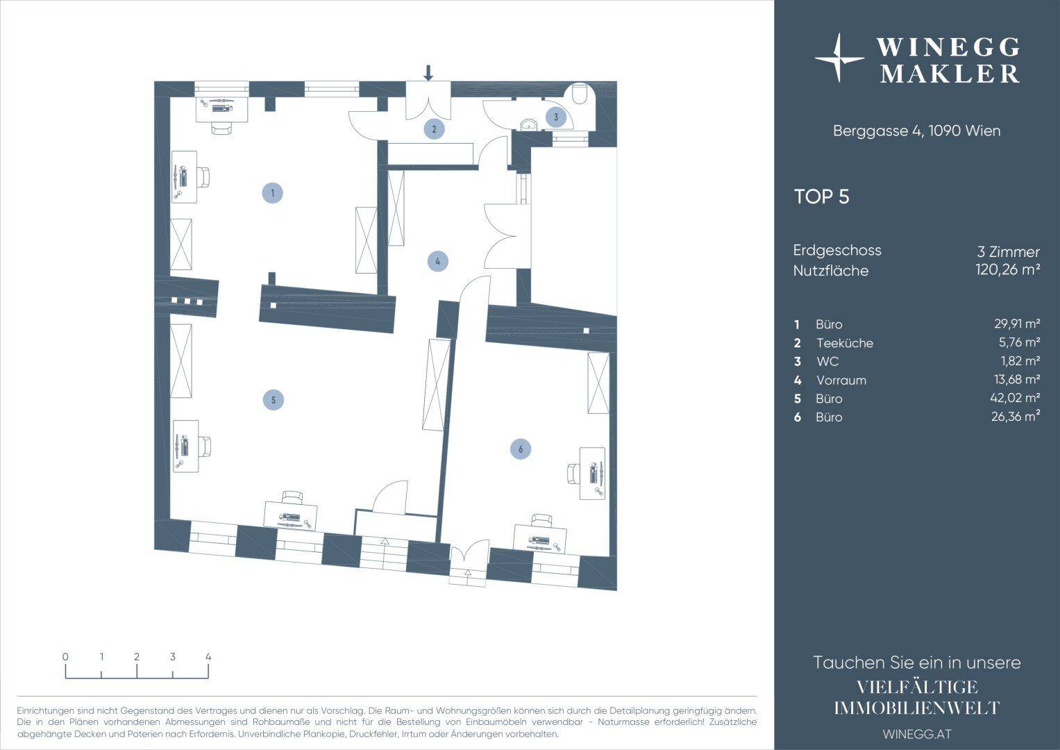 Grundriss für TOP 5 im Erdgeschoss mit einer Nutzfläche von 120,26 m² und drei Büroräumen.