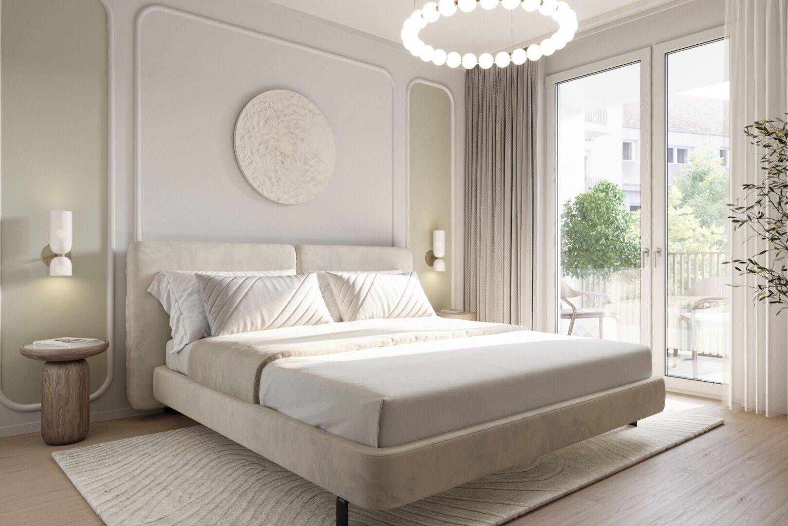 Helles Schlafzimmer mit modernem Bett, Balkonzugang und stilvoller Deckenleuchte.