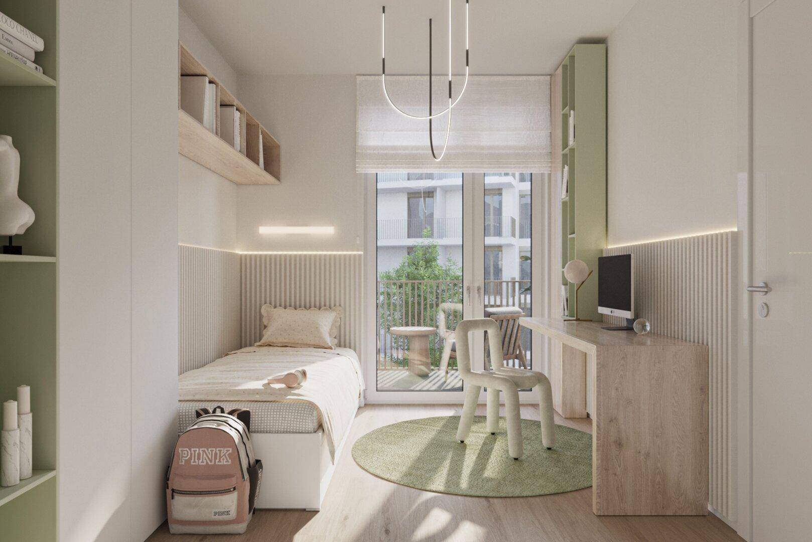 Kinderzimmer mit Einzelbett, Schreibtisch, Bücherregal und Zugang zu einem kleinen Balkon.