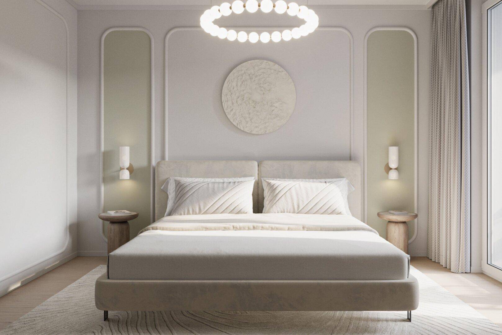 Elegantes Schlafzimmer mit Doppelbett, stilvoller Wandgestaltung und viel natürlichem Licht.