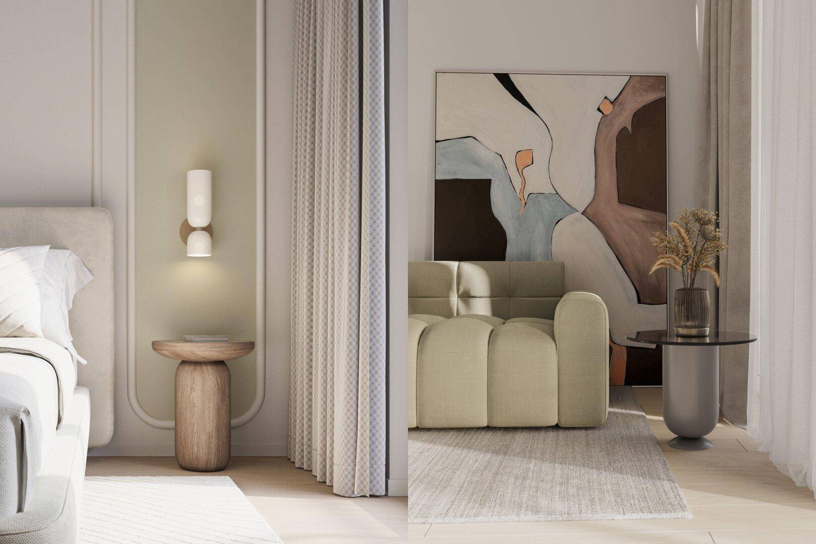 Modernes Schlafzimmer mit hellem Holzfußboden, stilvoller Einrichtung und integriertem Sitzbereich.