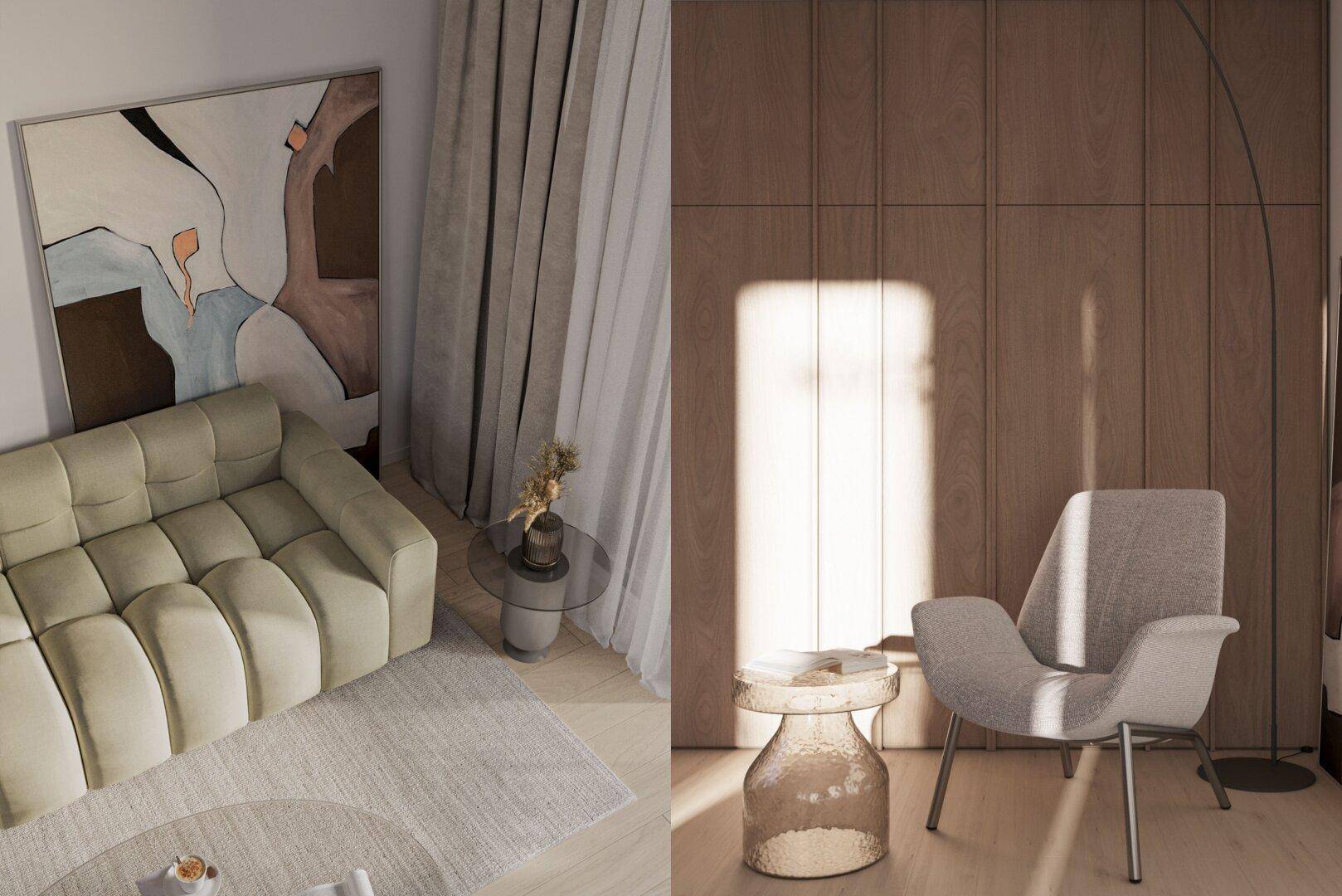 Helles Wohnzimmer mit modernem Sofa, Sessel und Holzwandverkleidung, durchflutet von natürlichem Licht.