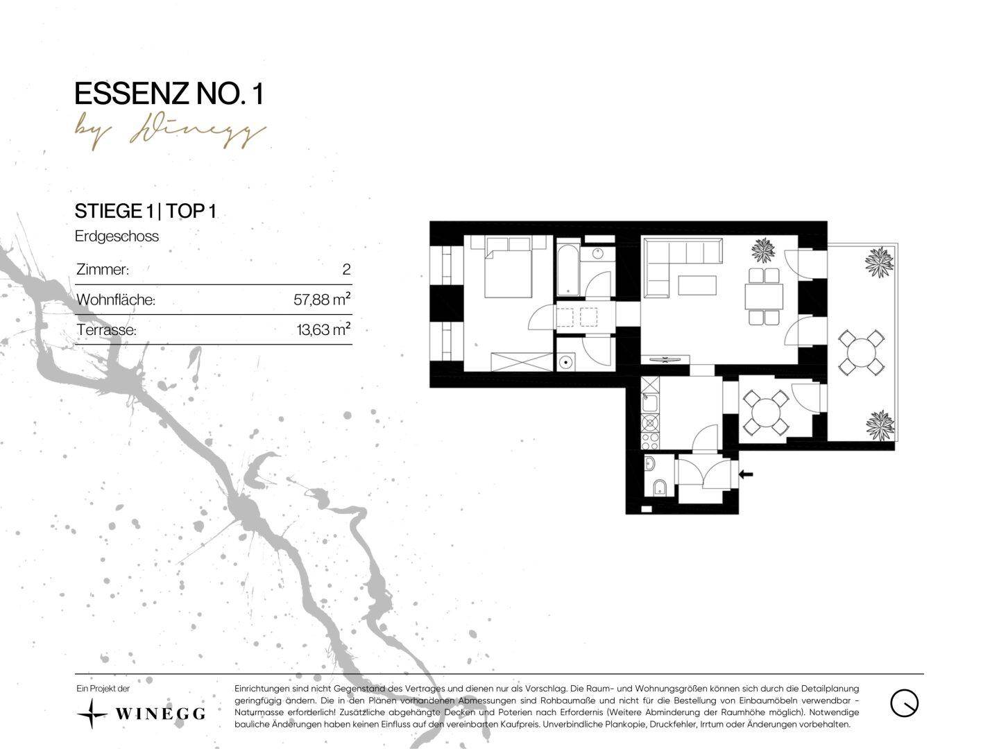 Grundriss einer Erdgeschosswohnung mit offenem Wohnbereich, Schlafzimmer und großer Terrasse.