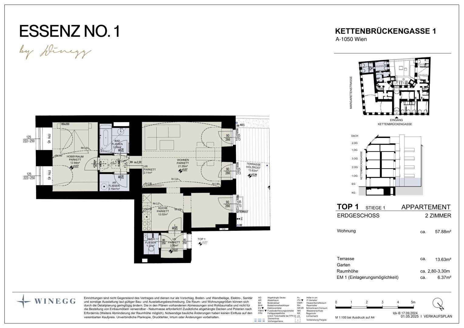 Grundriss einer Erdgeschosswohnung mit Terrasse und Garten. Er zeigt eine effiziente Raumaufteilung mit zwei Zimmern, Bad und separatem WC.