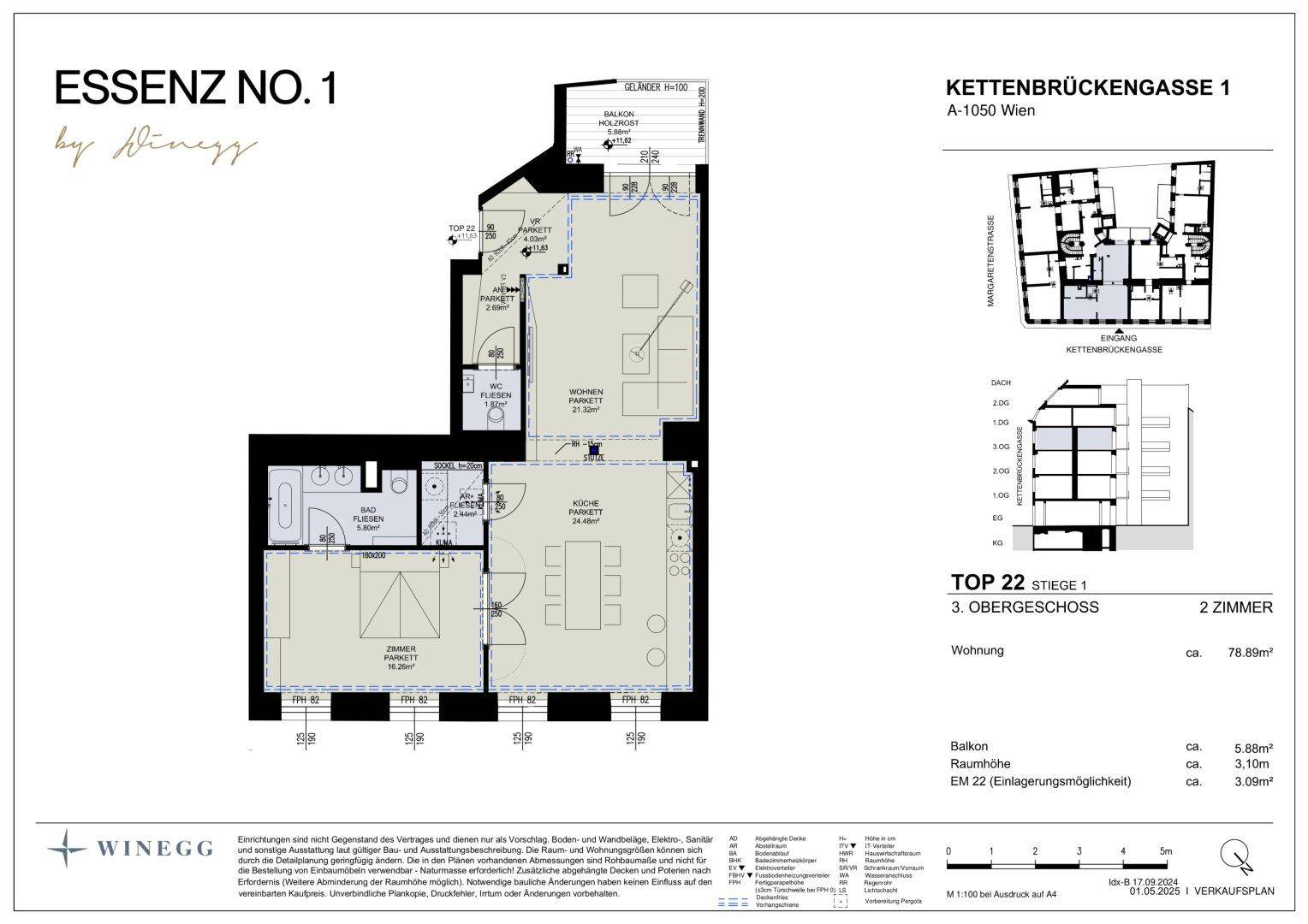 Detaillierter Grundriss der Wohnung Top 22 im dritten Obergeschoss mit 3,10 m Raumhöhe.