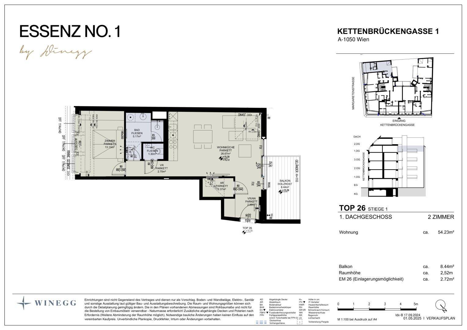 Detaillierter Grundriss einer Dachgeschosswohnung in Wien mit 54,23 m² Wohnfläche und Balkon.
