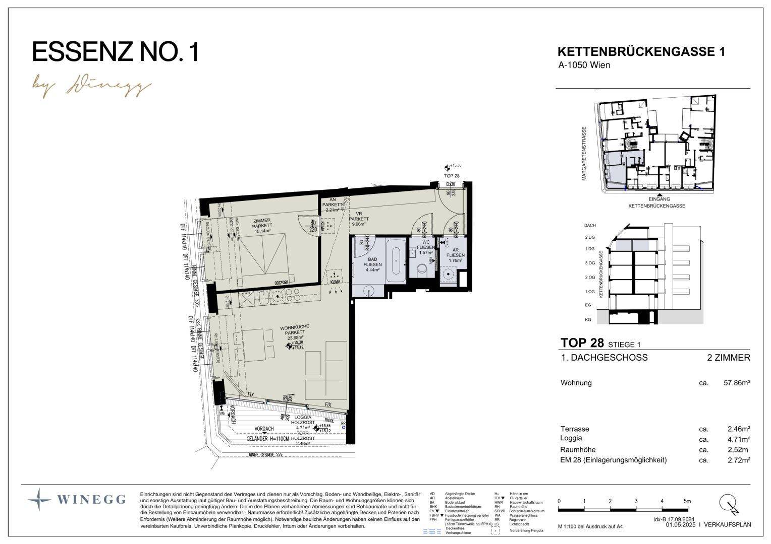 Detaillierter Grundriss einer Dachgeschosswohnung mit Loggia und Gesamtübersicht des Gebäudes.