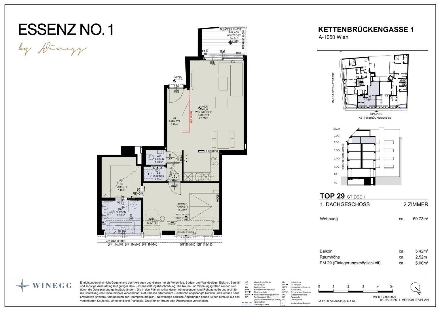 Detaillierter Grundriss der Dachgeschosswohnung "Top 29" mit Raumaufteilung und Flächenangaben.