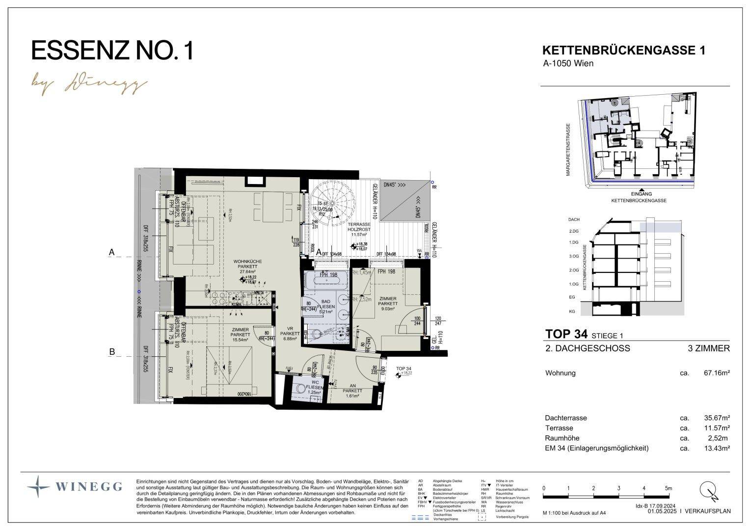 Detaillierter Grundriss der Dachgeschosswohnung mit Raumaufteilung, Terrasse und Dachterrasse.
