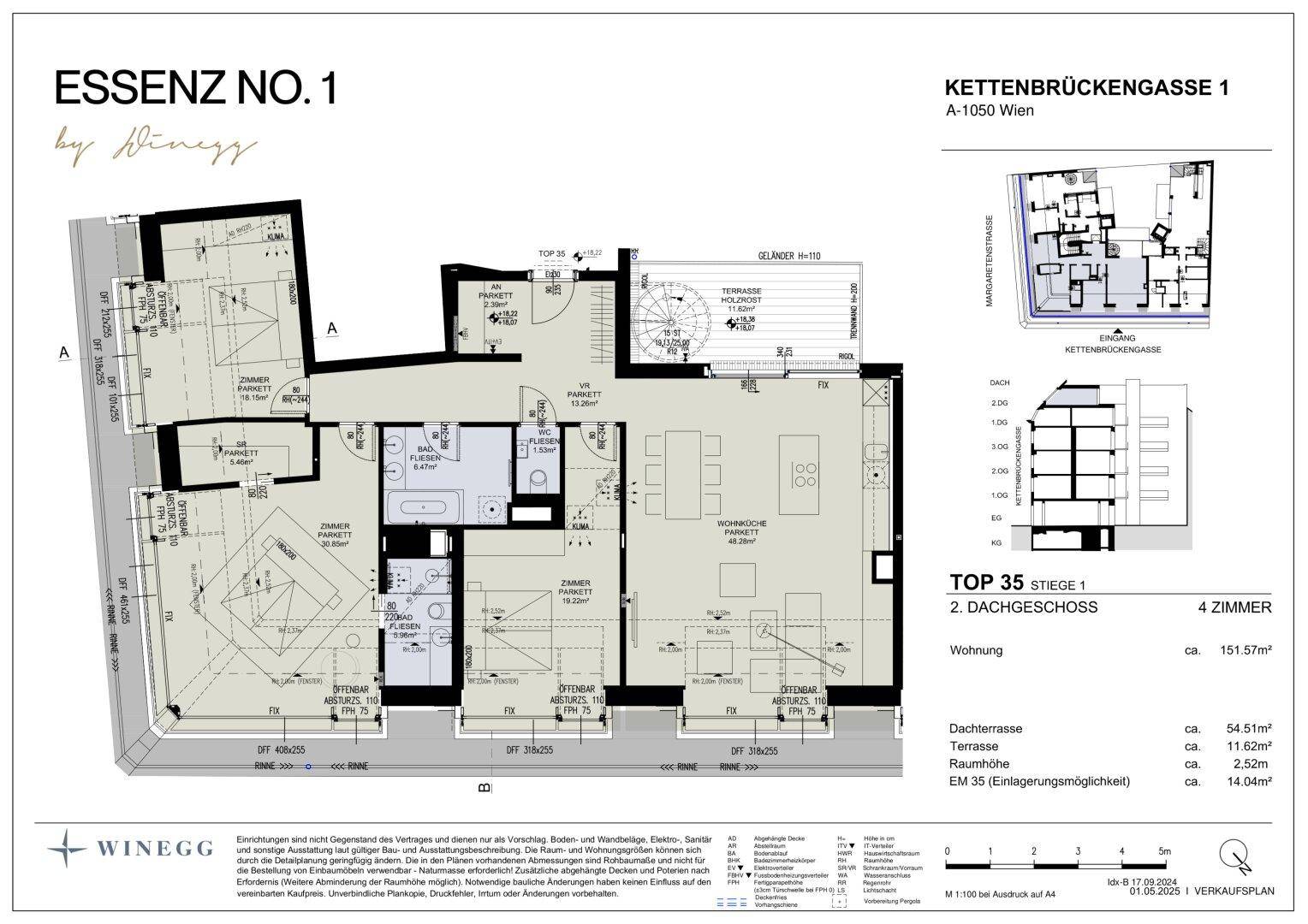 Detaillierter Grundriss einer Dachgeschosswohnung mit vier Zimmern und großer Terrasse.